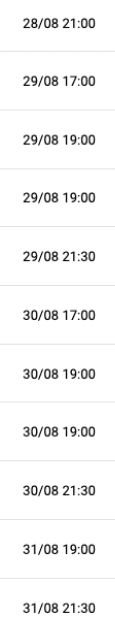 Fechas y horas listadas en formato d a/mes y hora en un estilo de texto simple y alineado verticalmente. Descripci n generada con IA