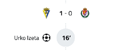 A soccer match scoreboard shows one team leading 1-0 with a goal scored by Urko Izeta at the 16th minute. Descripci n generada con IA
