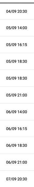 Fechas y horas listadas en formato d a/mes y hora en una tabla o lista con espacios en blanco entre algunas filas. Descripci n generada con IA