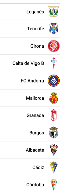 Lista de equipos de f tbol con sus escudos correspondiente a un men desplegable en una aplicaci n o sitio web.  Descripci n generada con IA