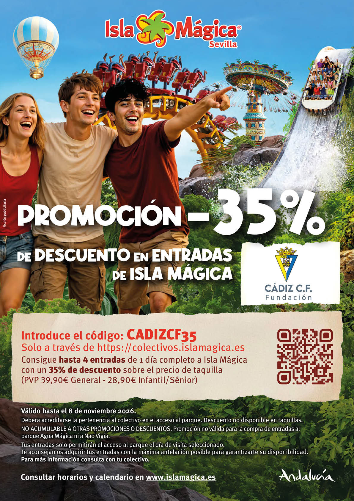 Un grupo de personas sonrientes y emocionadas en un parque de atracciones con monta as rusas y juegos acu ticos al fondo promocionan un descuento en entradas para Isla M gica en Sevilla. Descripci n generada con IA