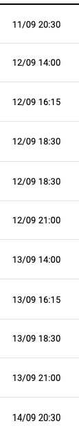 Fechas y horas listadas en formato d a/mes y hora en formato 24 horas, organizadas en una columna con espacios entre algunos grupos. Descripci n generada con IA
