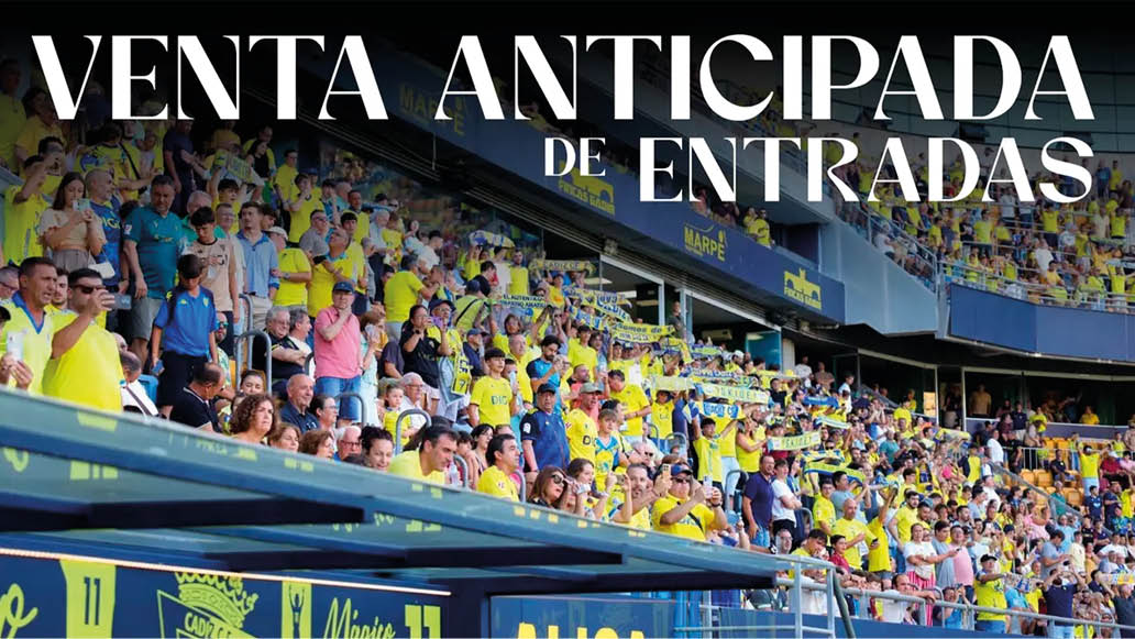 Multitud de personas en un estadio deportivo con camisetas amarillas y azules, algunas sosteniendo pancartas, con el texto grande “Venta anticipada de entradas" superpuesto en la parte superior. Descripci n generada con IA