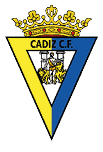 Escudo triangular dividido en amarillo y azul con la inscripci n CADIZ C.F. en la parte superior y una figura central de una persona entre dos leones sosteniendo dos estandartes, coronado con una corona dorada decorada con piedras rojas. Descripci n generada con IA