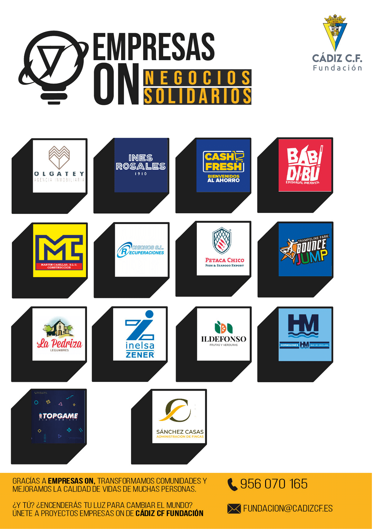 Logotipo de la Fundaci n C diz C.F. junto a una presentaci n de empresas solidarias con sus respectivos logotipos organizados en una cuadr cula sobre un fondo blanco. Descripci n generada con IA