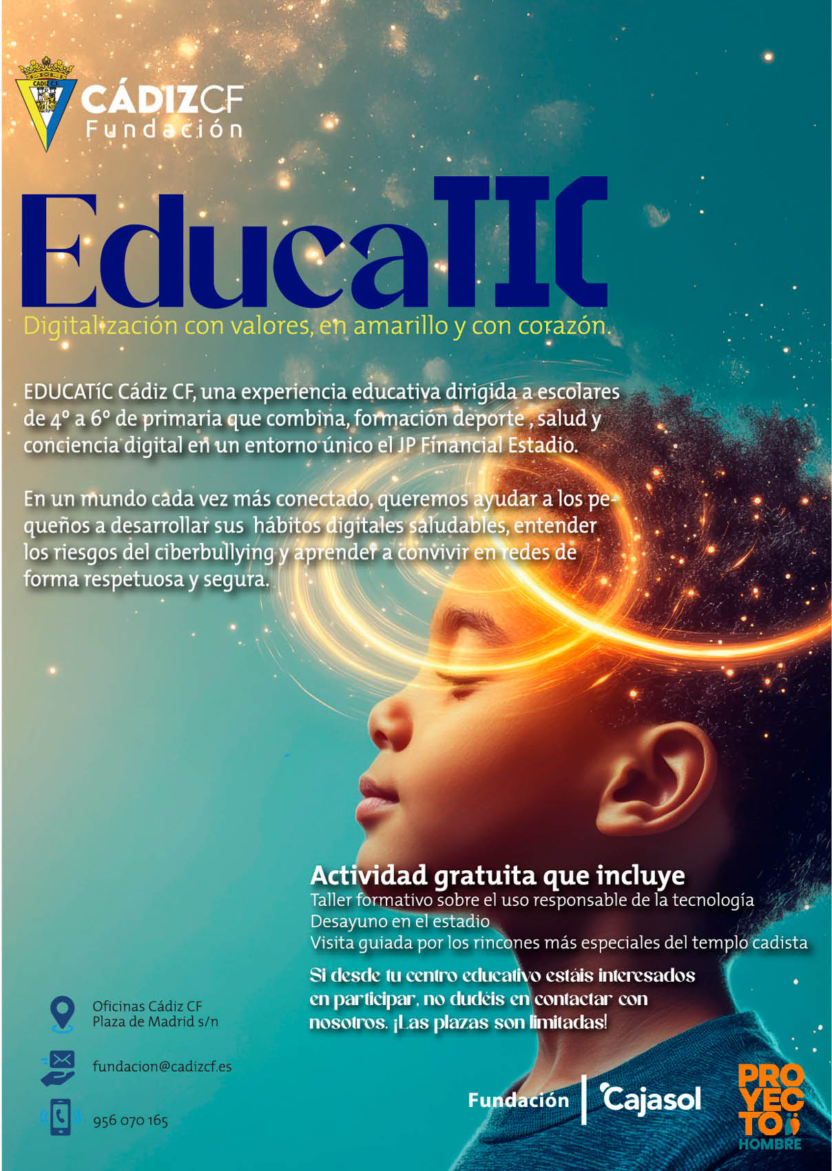 Un cartel promocional de una fundaci n educativa que muestra el perfil de una persona con efectos visuales de luces y destellos alrededor de su cabeza, acompa ado de texto sobre un programa educativo para escolares que combina formaci n, deporte, salud y conciencia digital. Descripci n generada con IA
