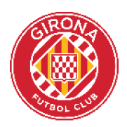 Escudo circular rojo con el texto Girona Futbol Club y un dise o central con franjas rojas y amarillas y un patr n de cuadros blancos y rojos. Descripci n generada con IA