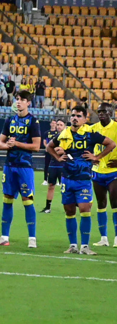 Two adults wearing blue and yellow sports uniforms stand on a soccer field with a crowd seated in the background. Descripci n generada con IA