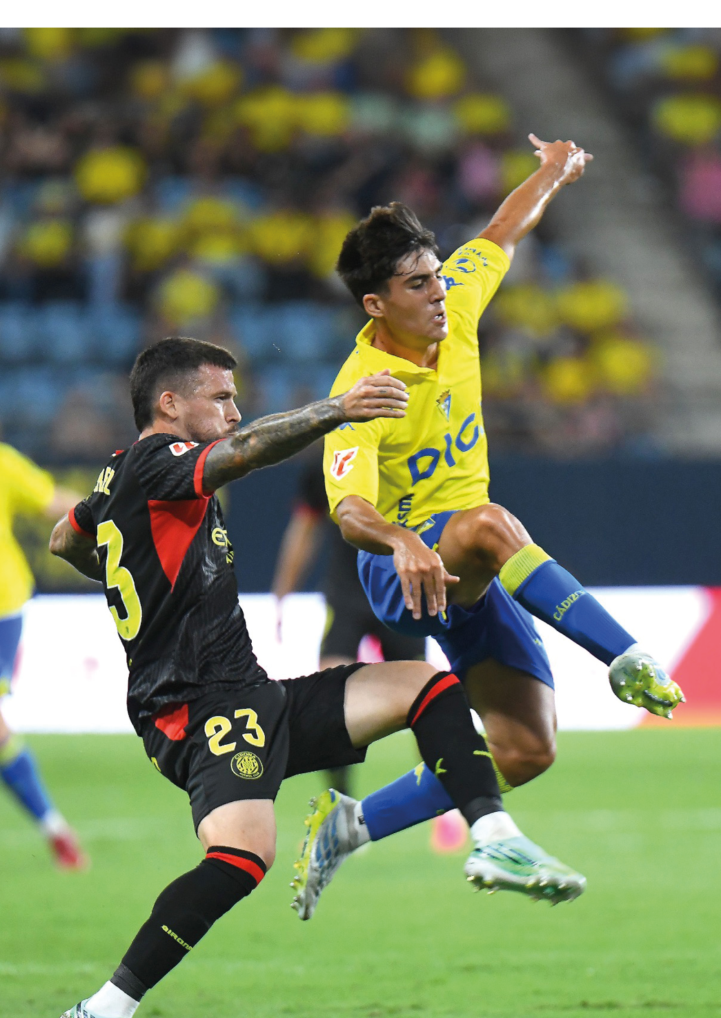 Two people in sports uniforms are actively competing for a soccer ball on a grassy field with a blurred crowd in the background. Descripci n generada con IA