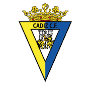 Escudo del C diz C.F. con un tri ngulo amarillo y azul, una figura humana entre dos leones y una corona dorada en la parte superior. Descripci n generada con IA