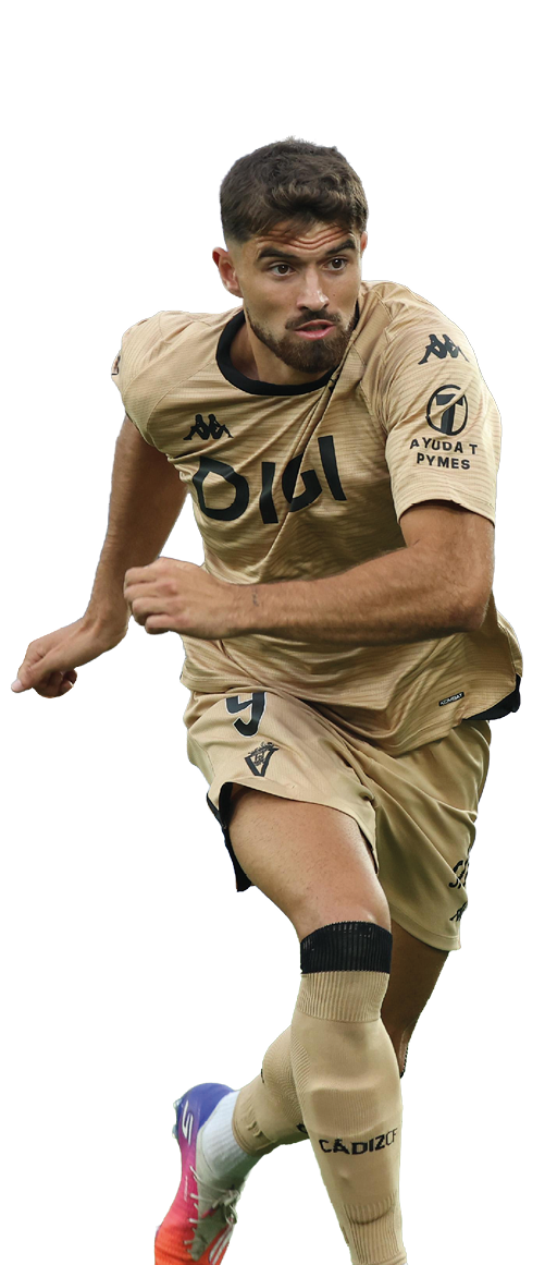 A person wearing a gold sports jersey and shorts with the number nine is captured in a dynamic running pose. Descripci n generada con IA