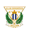 Escudo triangular del Club Deportivo Legan s con una corona dorada, hojas verdes y una pelota con franjas verticales azules y blancas en el centro. Descripci n generada con IA