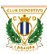 A sports club emblem featuring a gold triangular frame with a crown, green laurel branches, and vertical blue and white stripes inside a circle, with the text “CLUB DEPORTIVO" and letters "C," "D," and "L" around the design. Descripci n generada con IA