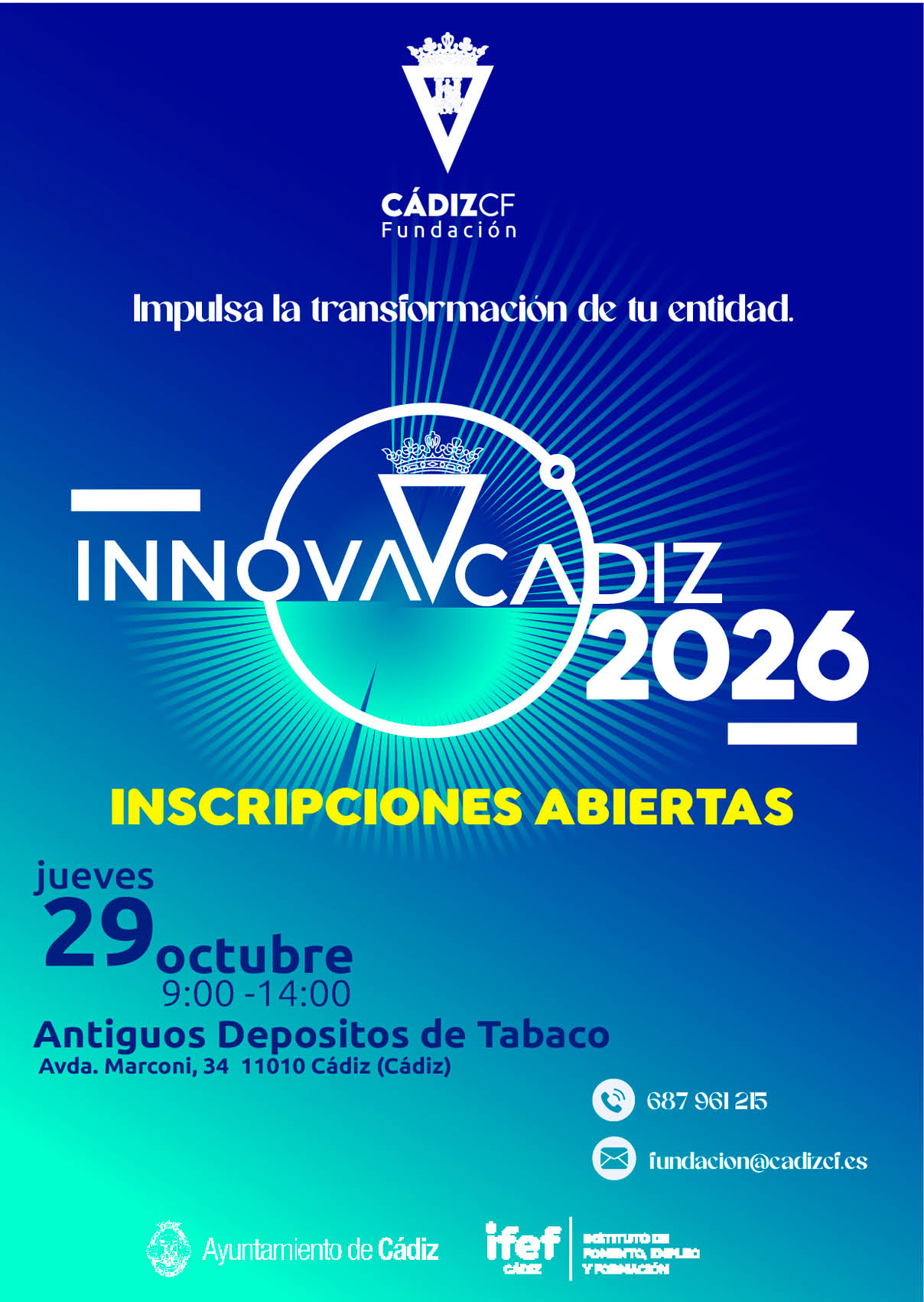 Evento de inscripci n abierta para Innovac diz 2026 organizado por la Fundaci n C diz CF con detalles de fecha, hora y lugar en un dise o gr fico con fondo azul y verde. Descripci n generada con IA