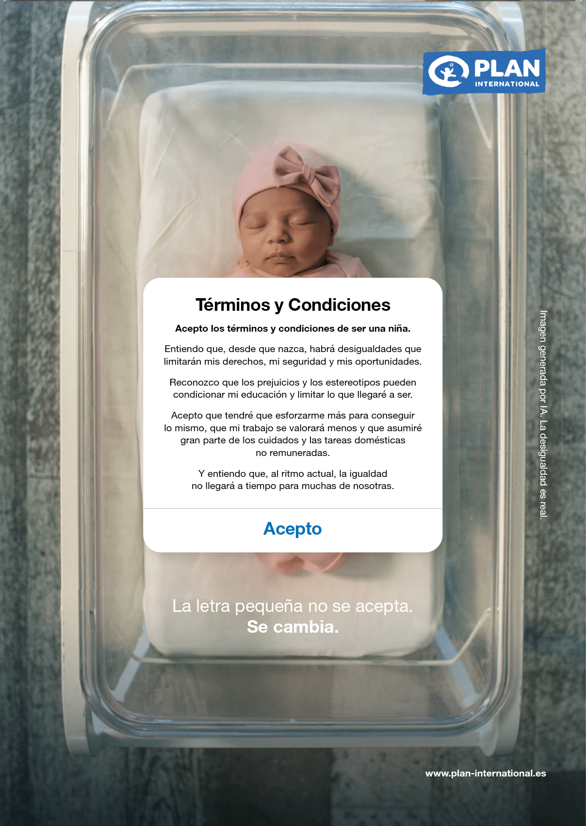 Un reci n nacido envuelto en una manta y gorro rosa est acostado en una incubadora con un cuadro de t rminos y condiciones superpuesto que habla sobre la adopci n y derechos del ni o.  Descripci n generada con IA