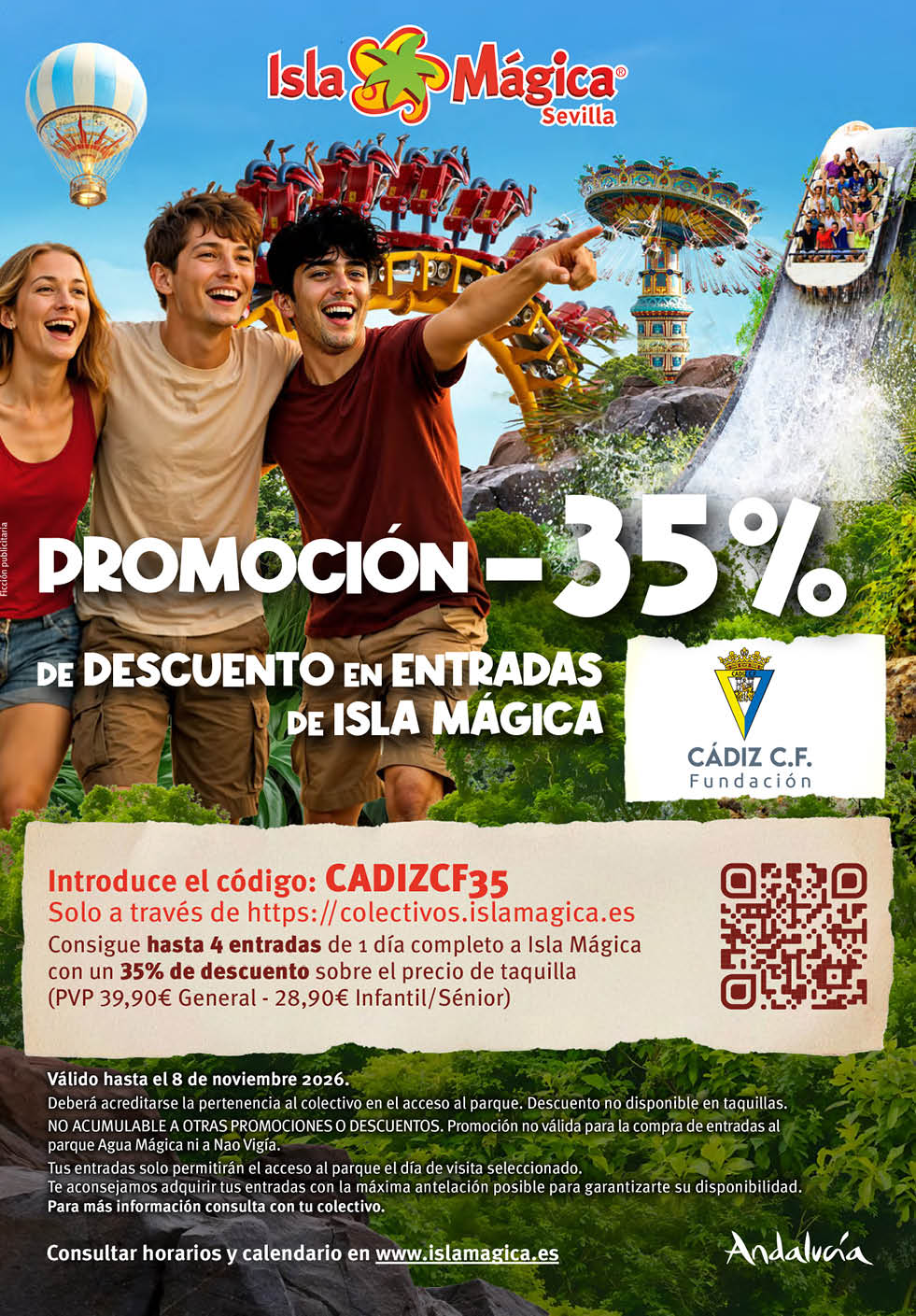 Three smiling adults with casual clothing enjoy a theme park with visible rides including a swinging chair ride, a water log flume, and a spinning ride, alongside promotional text offering a discount on tickets for Isla M gica in Sevilla. Descripci n generada con IA