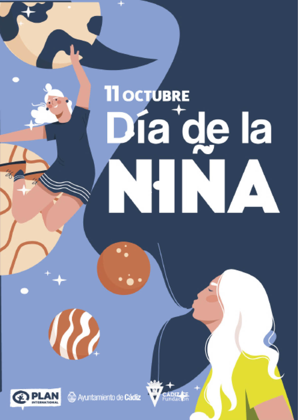 Personas con cabello blanco flotan entre planetas en un fondo azul con el texto que celebra el D a de la Ni a el 11 de octubre. Descripci n generada con IA