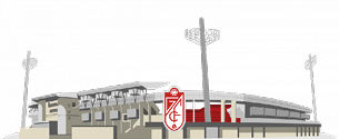 Estadio moderno con estructura de gradas, torres de iluminaci n y un escudo rojo y blanco en el centro. Descripci n generada con IA