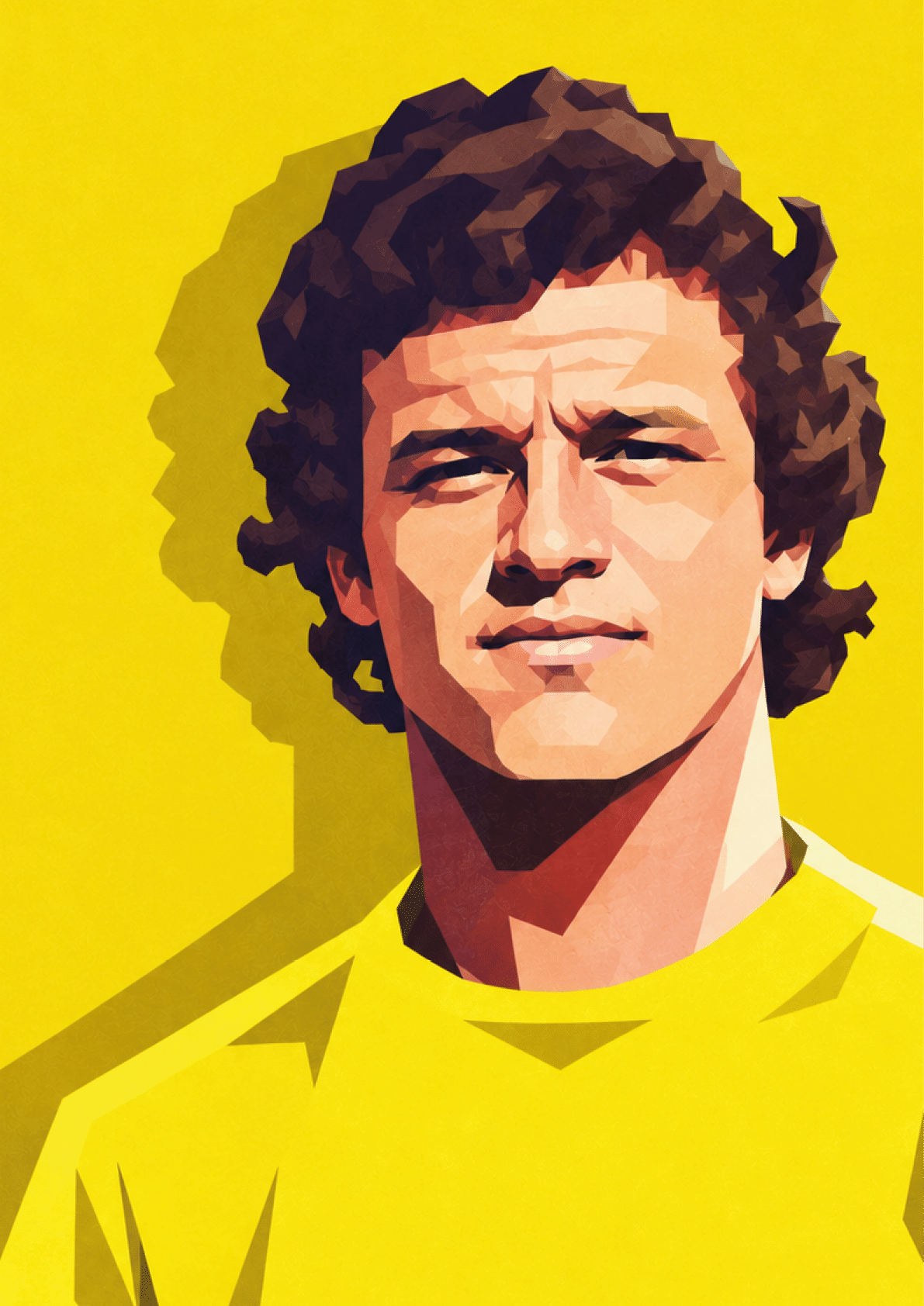 Persona con cabello rizado y camiseta amarilla sobre un fondo amarillo con un estilo art stico geom trico. Descripci n generada con IA