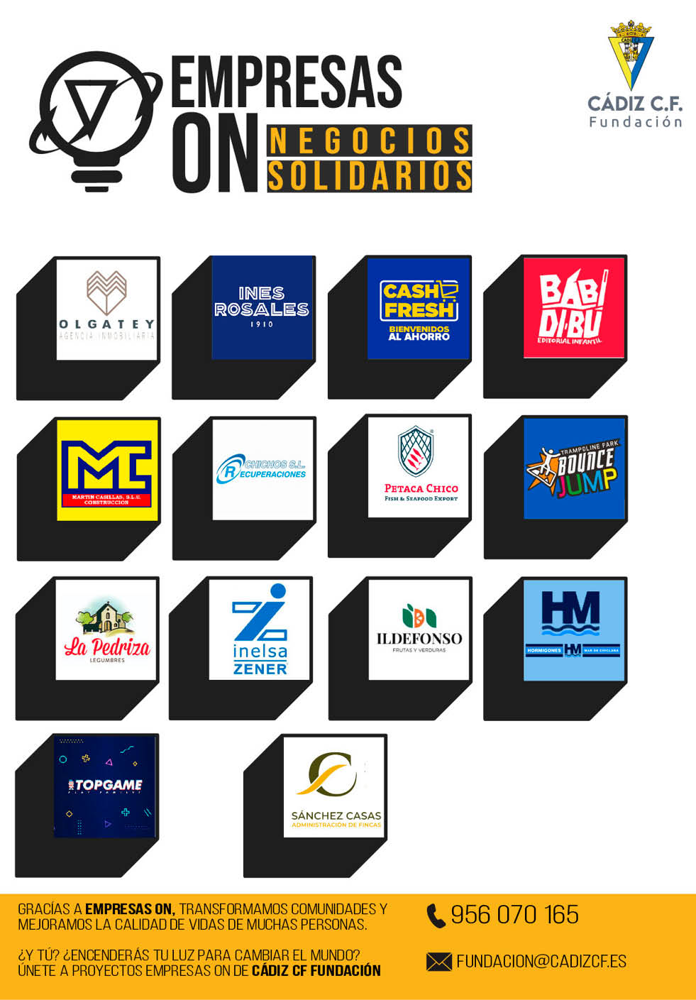 A promotional graphic featuring logos of various businesses supporting the C diz C.F. Foundation's solidarity business initiative with contact information at the bottom. Descripci n generada con IA