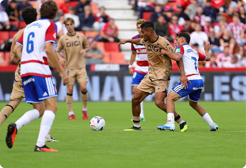 Adults wearing sports uniforms are actively competing for a soccer ball on a green field with a blurred crowd in the background. Descripci n generada con IA