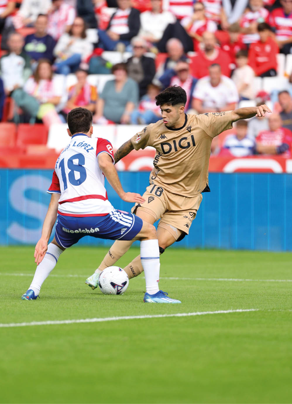Two adults in sports uniforms compete for a soccer ball on a grassy field with a crowd watching in the background. Descripci n generada con IA